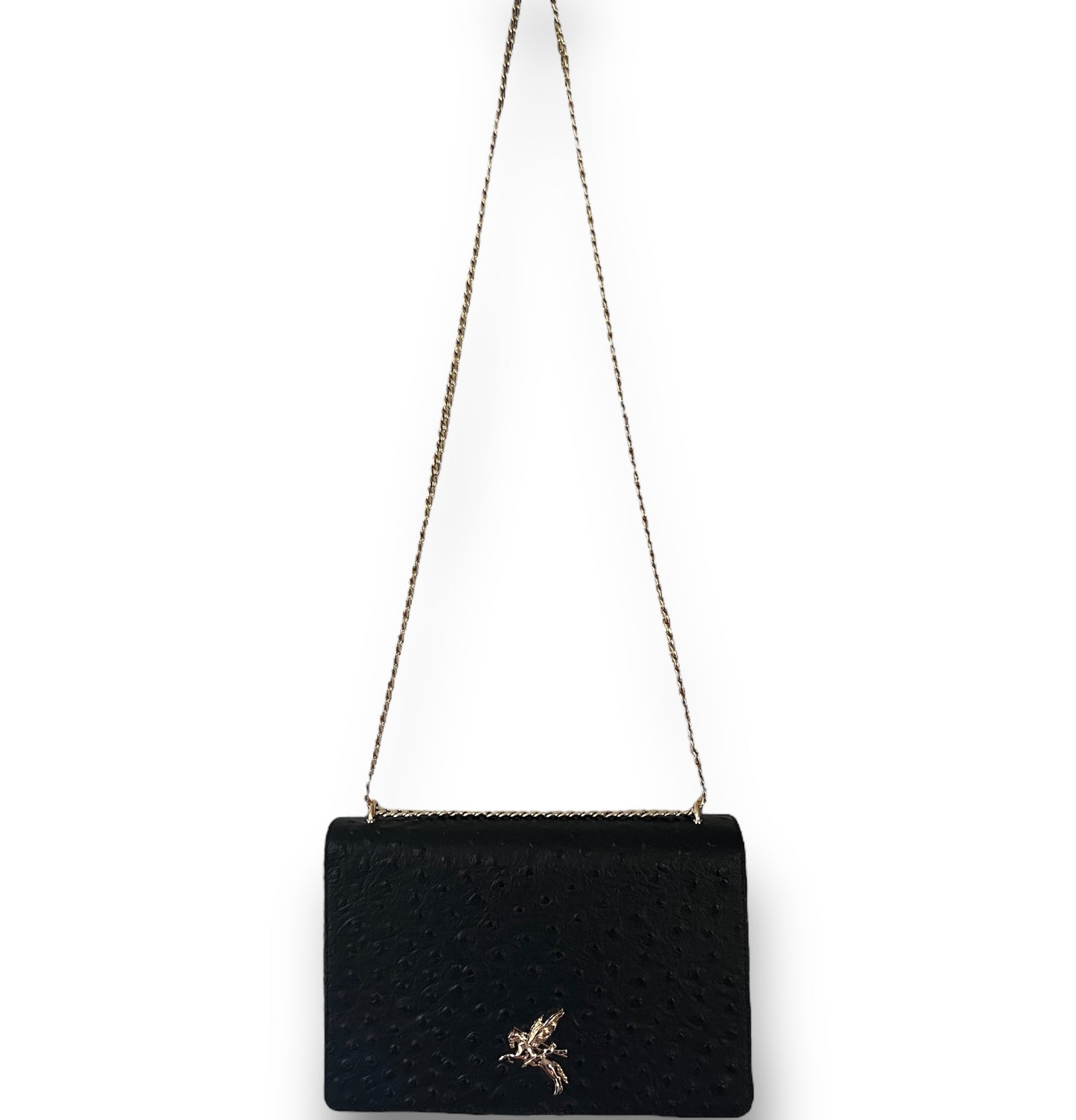 Apollo Bag Crossbody: MM  (Ostrich Embossed Black and Gold Hardware)