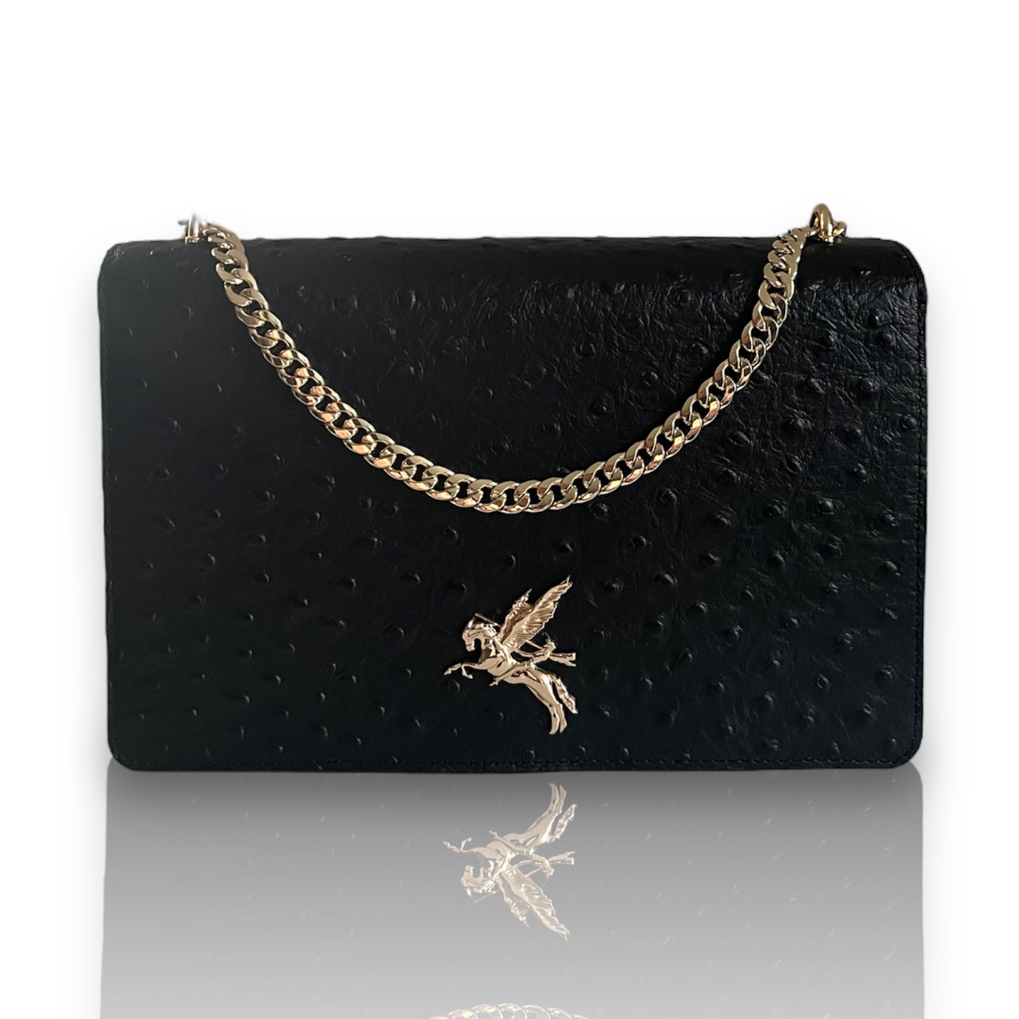 Apollo Bag Crossbody: MM  (Ostrich Embossed Black and Gold Hardware)