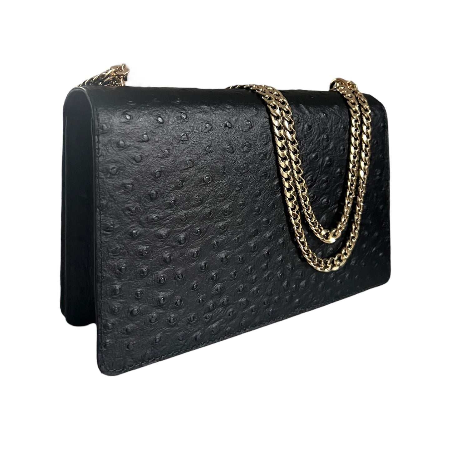 Apollo Bag Crossbody: MM  (Ostrich Embossed Black and Gold Hardware)