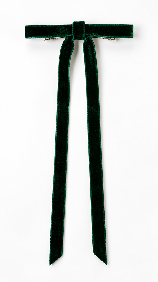 Dark Emerald Green Velvet Ribbon Hair Bow | Luxury Long-Tail Hair Accessory