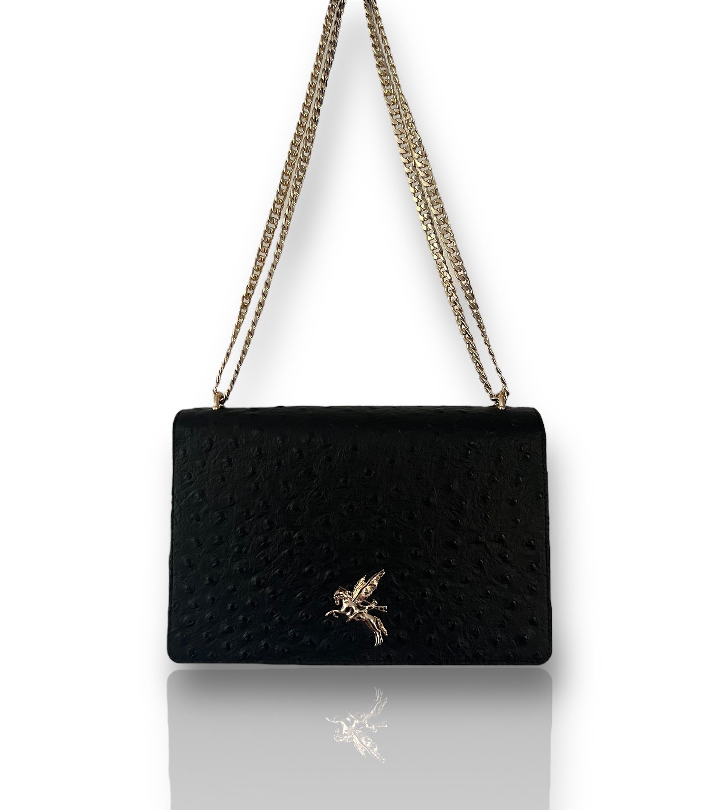 Apollo Bag Crossbody: MM  (Ostrich Embossed Black and Gold Hardware)