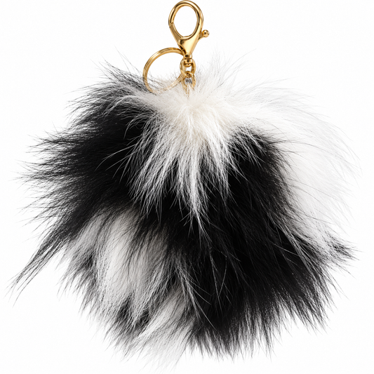 Luxury Arctic Fox Fur Bag Charm – Black & White Gold Hardware| Handmade in Massachusetts