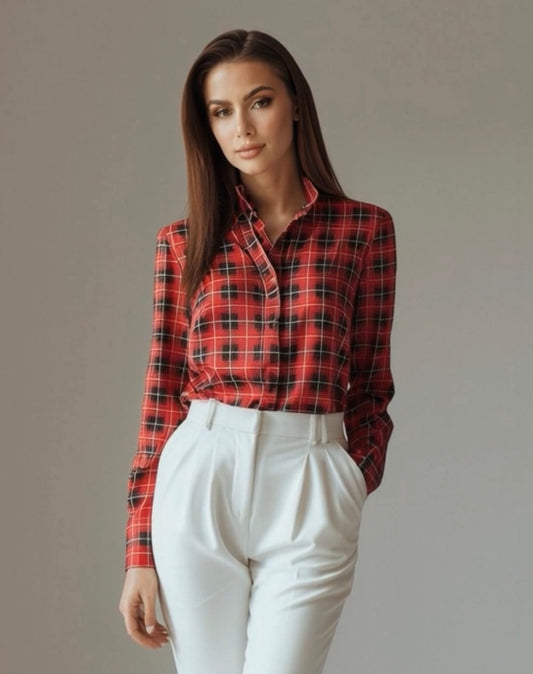 Ruffle Collar Button Up Shirt ( Tartan Plaid)