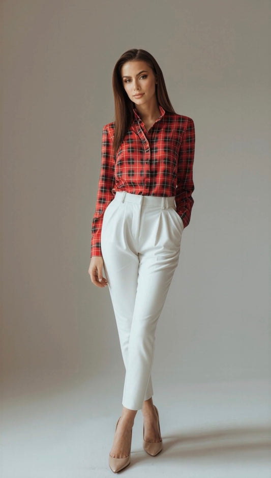 Ruffle Collar Button Up Shirt ( Tartan Plaid)