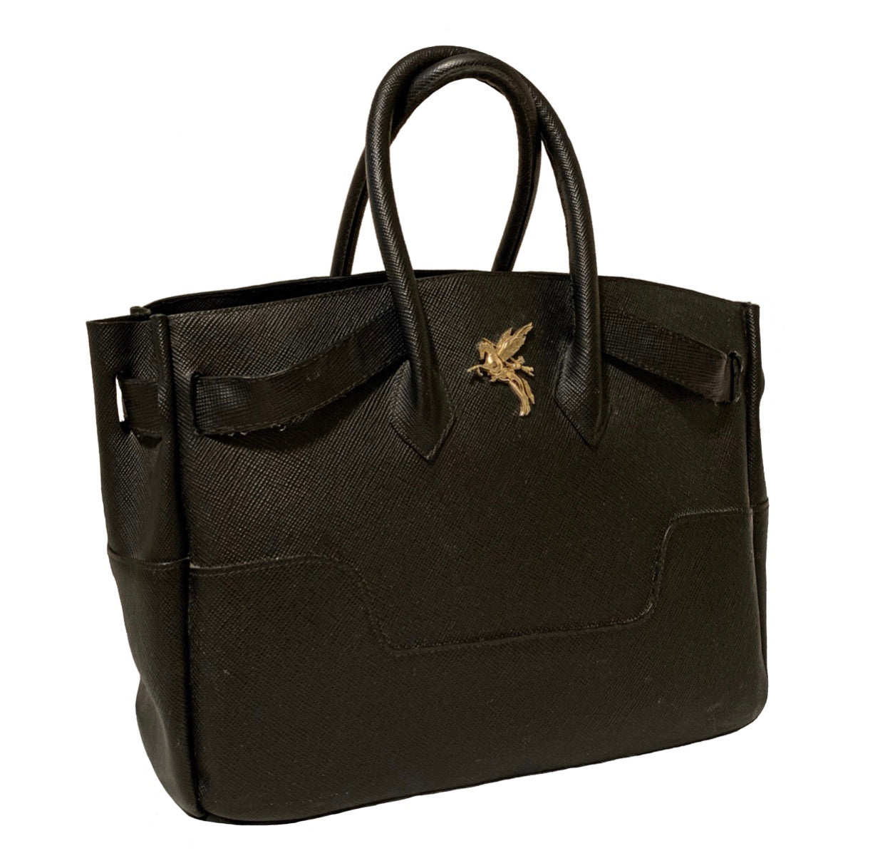Black leather handbag side profile with gold hardware. This bag has top handles and adjustable sizes. the handbag is handmade in Boston Massachusetts. The logo. is Bellerophon on the back of pegasus rearing.